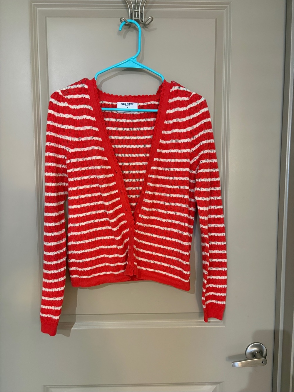 Old Navy Red and White Striped V-Neck Cardigan - Picture 2 of 6